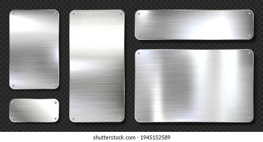 Realistic shiny metal banners set. Brushed steel plate with screws. Polished silver metal surface. Vector illustration.