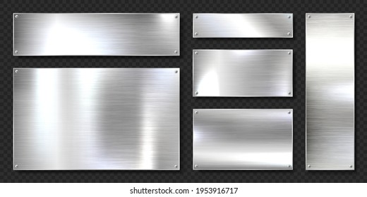 Realistic shiny metal banners set. Brushed steel plate with screws. Polished silver metal surface. Vector illustration.