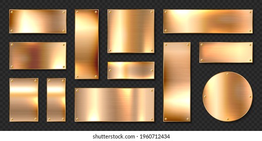 Realistic shiny metal banners set. Brushed steel plate with screws. Polished copper metal surface. Vector illustration.
