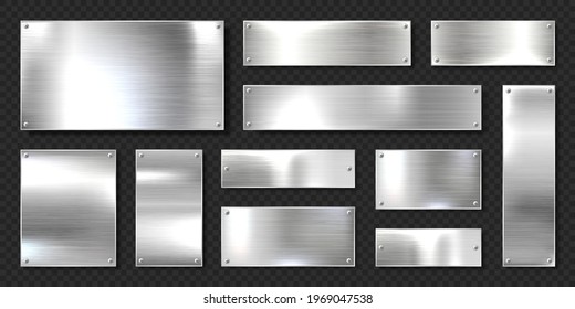 Realistic shiny metal banners set. Brushed steel plate with screws. Polished silver metal surface. Vector illustration.