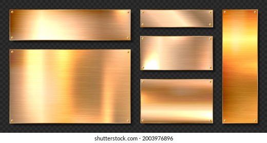 Realistic shiny metal banners set. Brushed steel plate with screws. Polished copper metal surface. Vector illustration.