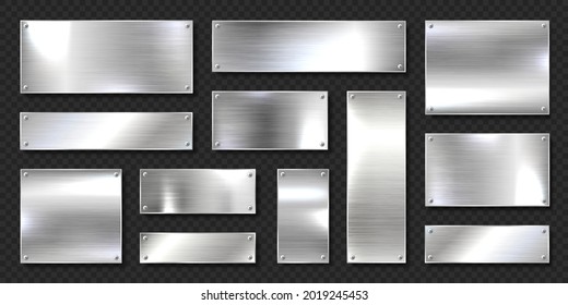 Realistic shiny metal banners set. Brushed steel plate with screws. Polished silver metal surface. Vector illustration.