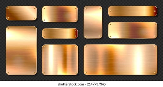 Realistic shiny metal banners set. Brushed steel plate with screws. Polished copper metal surface. Vector illustration.