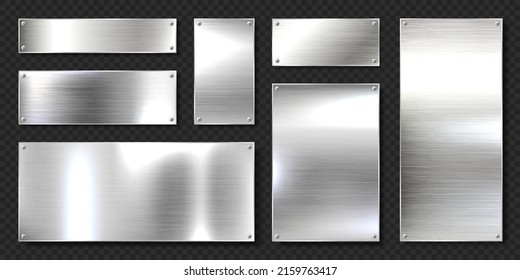 Realistic shiny metal banners set. Brushed steel plate with screws. Polished silver metal surface. Vector illustration.