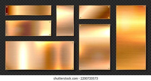 Realistic shiny metal banners set. Brushed steel plate with screws. Polished copper metal surface. Vector illustration.