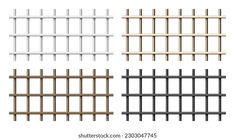 Realistic shiny metal prison bars isolated on white background. Detailed jail cage, prison iron fence. Criminal background mockup. Vector illustration