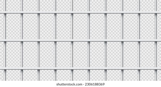 Realistic shiny metal prison bars. Detailed jail cage, prison iron fence. Criminal background mockup. Vector illustration