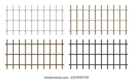 Realistic shiny metal prison bars isolated on white background. Detailed jail cage, prison iron fence. Criminal background mockup. Vector illustration