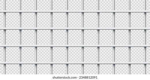 Realistic shiny metal prison bars. Detailed jail cage, prison iron fence. Criminal background mockup. Vector illustration