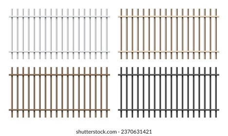 Realistic shiny metal prison bars isolated on white background. Detailed jail cage, prison iron fence. Criminal background mockup. Vector illustration