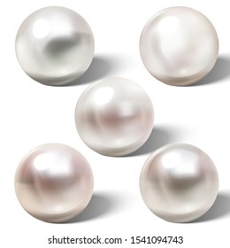 Realistic shiny natural sea pearl with light effects. Vector set.