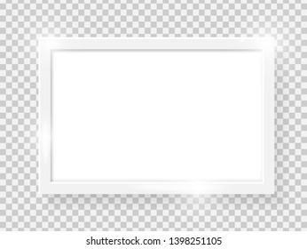 Realistic shiny rectangle picture frame isolated on transparent background. Blank white picture frame mockup template. Photo frame pattern. Modern advertise mockup. Vector illustration