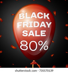 Realistic Shiny Red Balloon with text Black Friday Sale Eighty percent for discount over black background. Black Friday balloon concept for your business template. Vector illustration