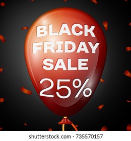 Realistic Shiny Red Balloon with text Black Friday Sale Twenty five percent for discount over black background. Black Friday balloon concept for your business template. Vector illustration