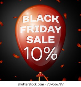 Realistic Shiny Red Balloon with text Black Friday Sale Ten percent for discount over black background. Black Friday balloon concept for your business template. Vector illustration