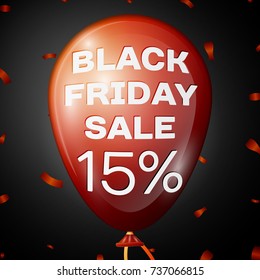 Realistic Shiny Red Balloon with text Black Friday Sale Fifteen percent for discount over black background. Black Friday balloon concept for your business template. Vector illustration