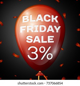 Realistic Shiny Red Balloon with text Black Friday Sale Three percent for discount over black background. Black Friday balloon concept for your business template. Vector illustration