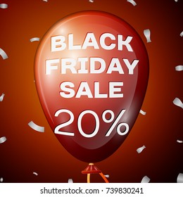 Realistic Shiny Red Balloon with text Black Friday Sale Twenty percent for discount over red background. Black Friday balloon concept for your business template. Vector illustration