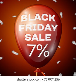 Realistic Shiny Red Balloon with text Black Friday Sale Seven percent for discount over red background. Black Friday balloon concept for your business template. Vector illustration