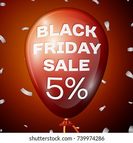 Realistic Shiny Red Balloon with text Black Friday Sale Five percent for discount over red background. Black Friday balloon concept for your business template. Vector illustration