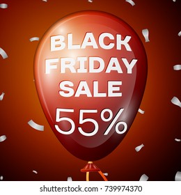 Realistic Shiny Red Balloon with text Black Friday Sale Fifty five percent for discount over red background. Black Friday balloon concept for your business template. Vector illustration