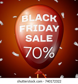 Realistic Shiny Red Balloon with text Black Friday Sale Seventy percent for discount over red background. Black Friday balloon concept for your business template. Vector illustration