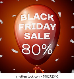Realistic Shiny Red Balloon with text Black Friday Sale Eighty percent for discount over red background. Black Friday balloon concept for your business template. Vector illustration