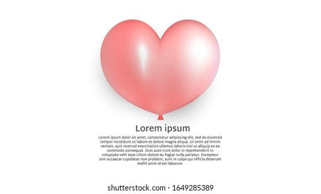 Realistic shiny red hearth balloon on white isolated background and copy space text. Template for design banner or decoration poster for valentine day or love romantic gift. Vector illustration 