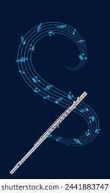 Realistic shiny silver flute vector with musical notes flying around in an S formation with lines or strings. Best for musical pay poster or any music related design. Orchestra post design 