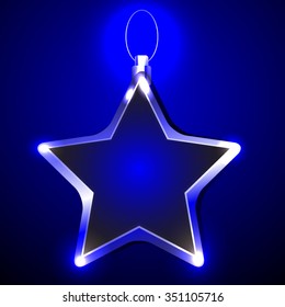 Realistic Shiny Silver Star Isolated on Blue Background. Decorative Element for Christmas Tree. Vector Illustration