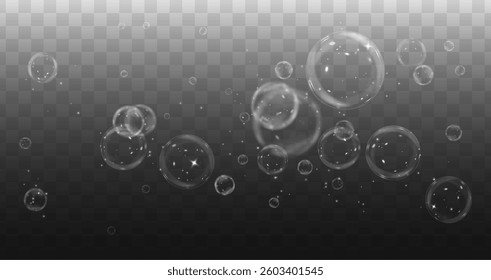 Realistic shiny soap bubbles in blue underwater style. Transparent round elements with light refraction, perfect for nature, freshness, and clean liquid-themed vector designs and backgrounds