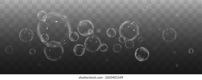 Realistic shiny soap bubbles in blue underwater style. Transparent round elements with light refraction, perfect for nature, freshness, and clean liquid-themed vector designs and backgrounds