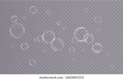 Realistic shiny soap bubbles in blue underwater style. Transparent round elements with light refraction, perfect for nature, freshness, and clean liquid-themed vector designs and backgrounds