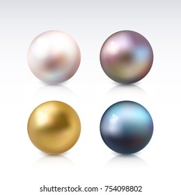 Realistic shiny sphere gems isolated on white background. Set of round vector pink, lavender, gold and black peacock pearl.