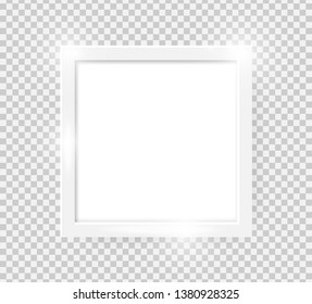 Realistic shiny square picture frame isolated on transparent background. Blank white picture frame mockup template. Photo frame pattern. Modern advertise mockup. Vector illustration