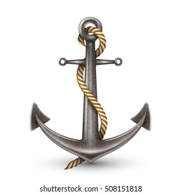 Realistic shiny steel anchor with yellow rope rings and shadow on white background isolated vector illustration   svg
