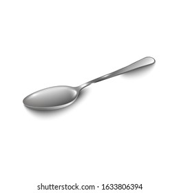 Realistic shiny teaspoon with silver metal color isolated on white background - single little tea spoon from overhead side view, single dining utensil vector illustration.
