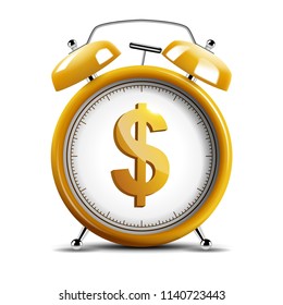 Realistic shiny yellow alarm clock with shiny dollar emblem, time is money concept. Vector Illustration