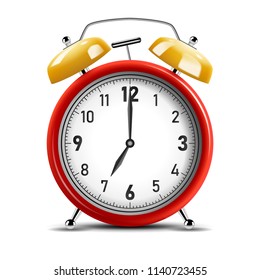 Realistic shiny yellow and red alarm clock. Vector Illustration