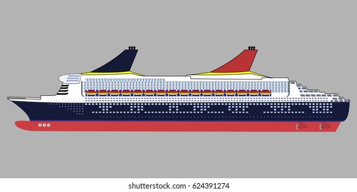 Realistic ship. Side view. Cruise on the liner. Dear beautiful boat. Swimming by the sea on a ship