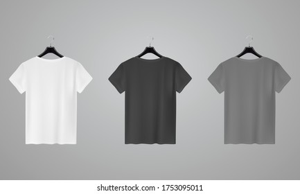 Realistic shirt mock up set. T-shirt template. White, black and gray version, front view.