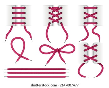 Realistic shoelace. Different lacing ways. Realistic boots ropes. Separate ribbons and bows with grommets. Isolated 3d strings. Cross or parallel variants. Vector