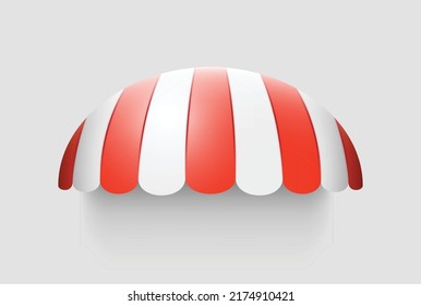 Realistic shop awning tent. Outdoor market canopy roof for cafe, store front and shop. Tent sunshade for window, retro striped roof facade shadow shelter isolated. 3d vector Illustration