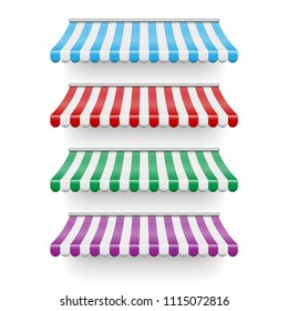 Realistic shop awning tents set. Outdoor market canopy roof for cafe, store front and shop. Tent sunshade for window, colored striped roof isolated. vector Illustration