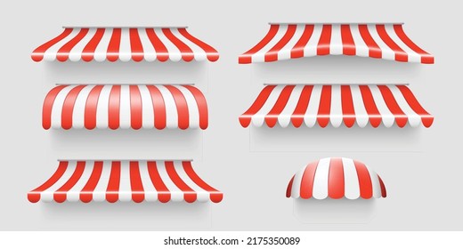 Realistic shop awning tents set. Outdoor market canopy roof for cafe, store front and shop. Tent sunshade for window, colored striped roof curtain isolated. 3d vector Illustration