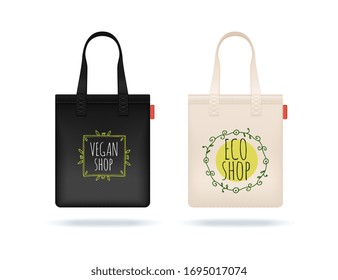 Realistic shopping bag. Black white textile bags. Eco shop package with hand drawn logo vector mockup