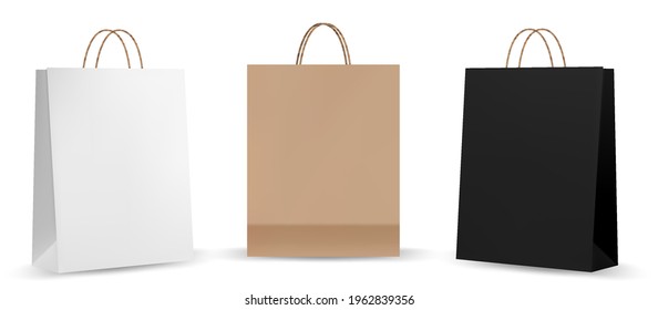 Burla de la bolsa de compras realista. Juego de bolsas de papel de marca. Paquete de papel y plantilla de etiquetas de precio aislados en blanco. Burla realista.