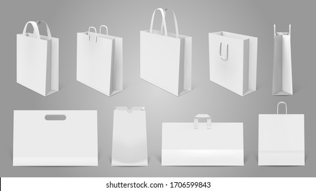 Realistic shopping bag. White paper empty bags, 3d modern shopping bag mockup. Packaging templates isolated vector illustration set. Realistic bag and empty, retail merchandise pack with handle