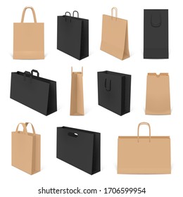 Realistic shopping bags. Paper 3d bag mockup, craft handbags and corporate identity packaging. Package bag templates vector mockups set. Bag paper 3d, merchandise blank purchase illustration