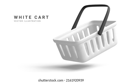 Realistic shopping cart is flying isolated on white background. Empty shopping basket. Vector illustration